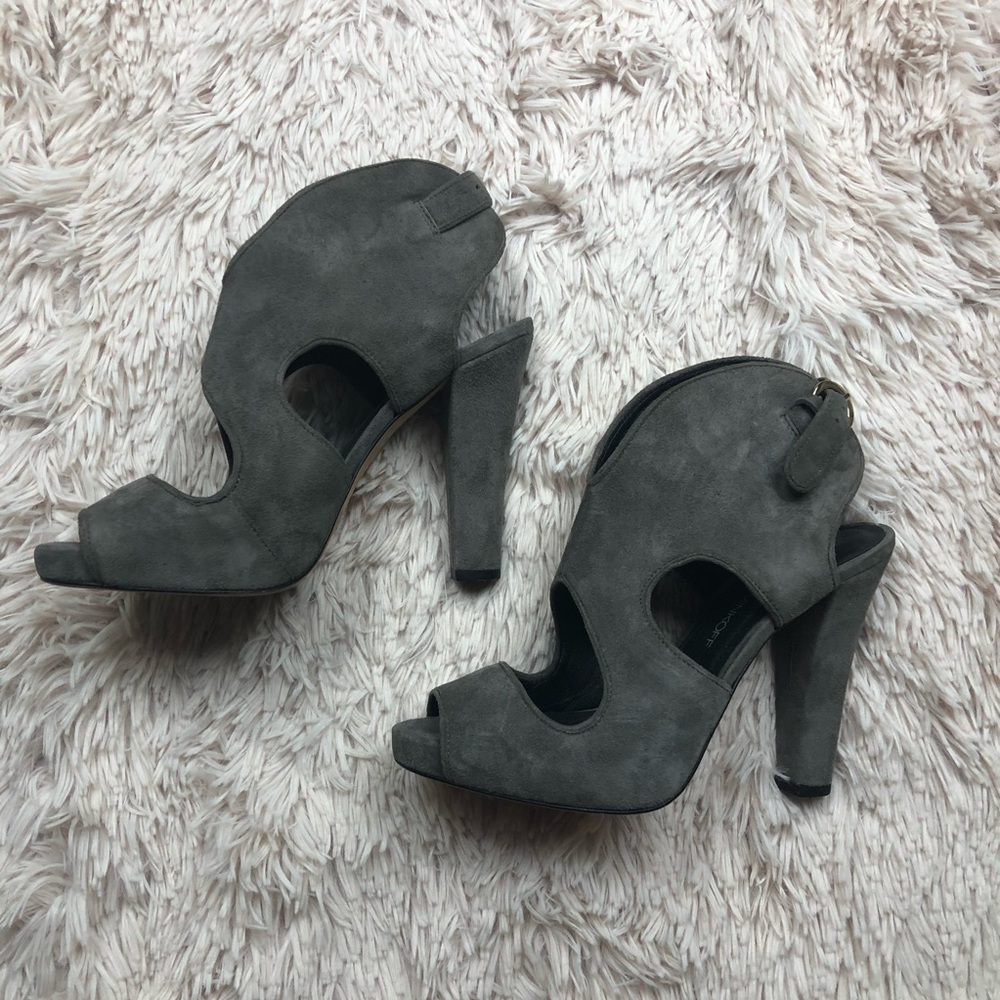 Rebecca minkoff gray suede caged heels